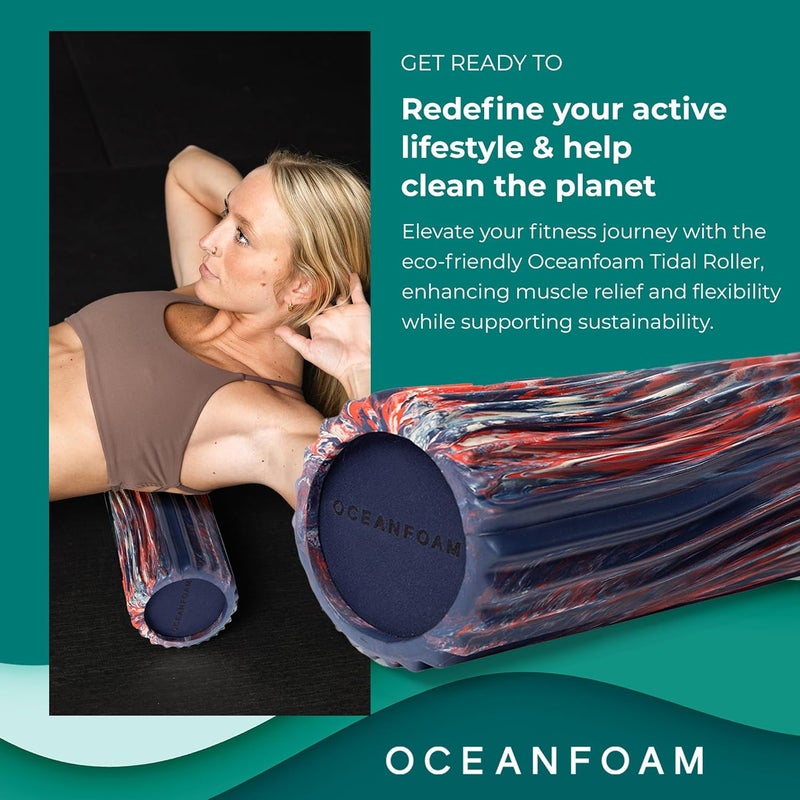 Oceanfoam Tidal Roller - Red, Dark Navy & Natural Marbled - Muscle Massage Foam Roller for Back Pain & Stretching - Firm & Ergonomic Wide Wave Textured - Yoga, Athletics, Wellness - Full Size 20" x 5" - Image 3